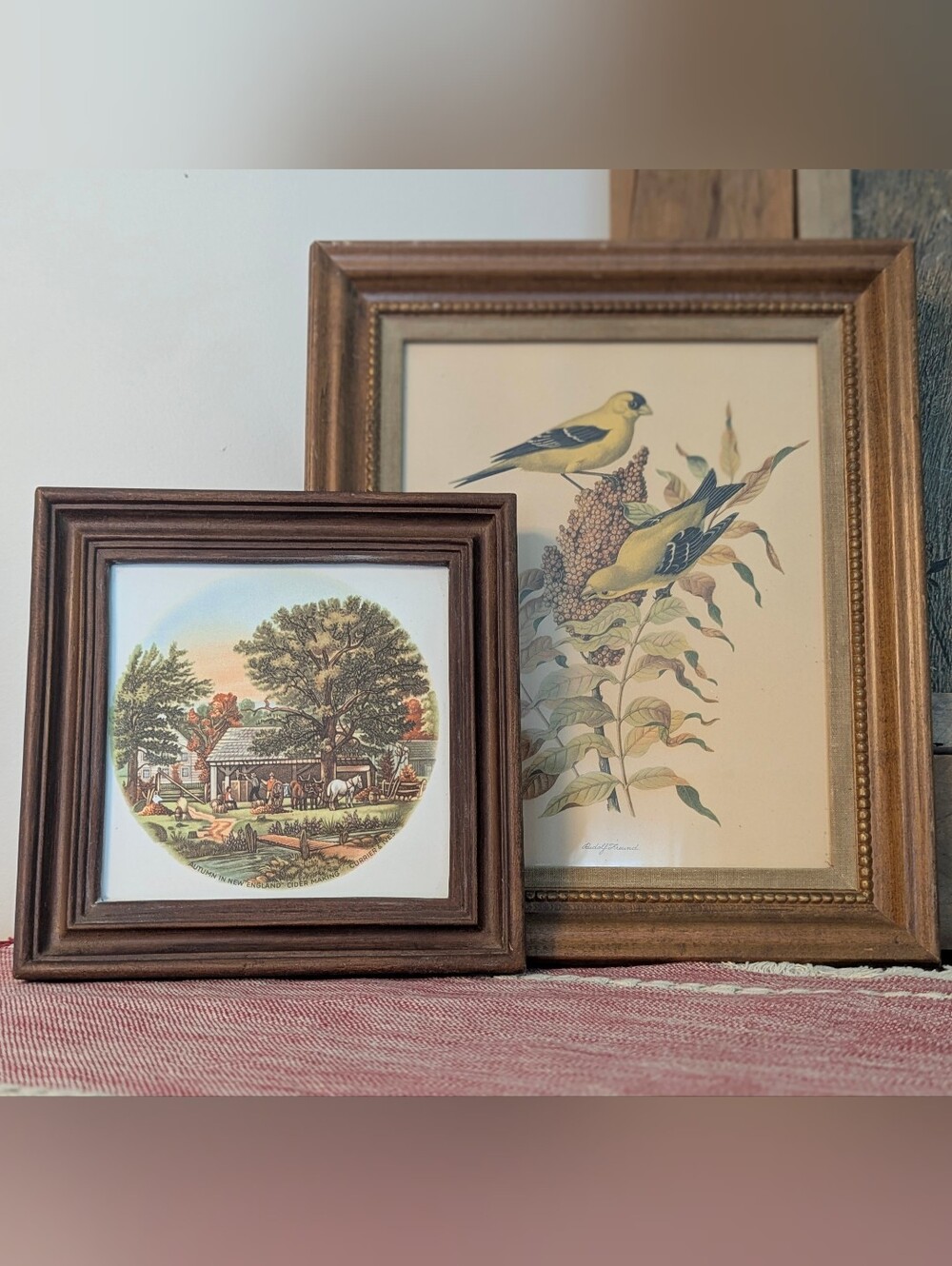 Set Of Autumn Framed Bird Art And Cider Making Framed Tile Fall Scene